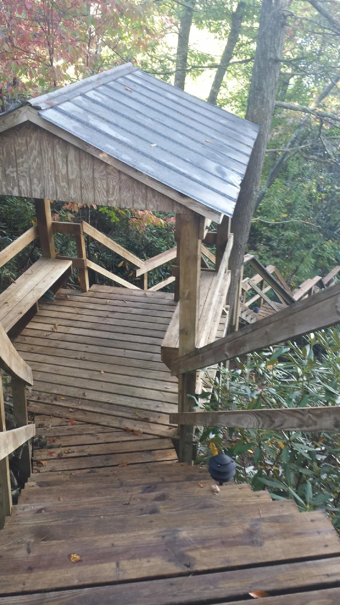 Metal roofed shelter over wooden steps on a wooded walkway — Skylight Repair & Installation work by our crew in Phenix City